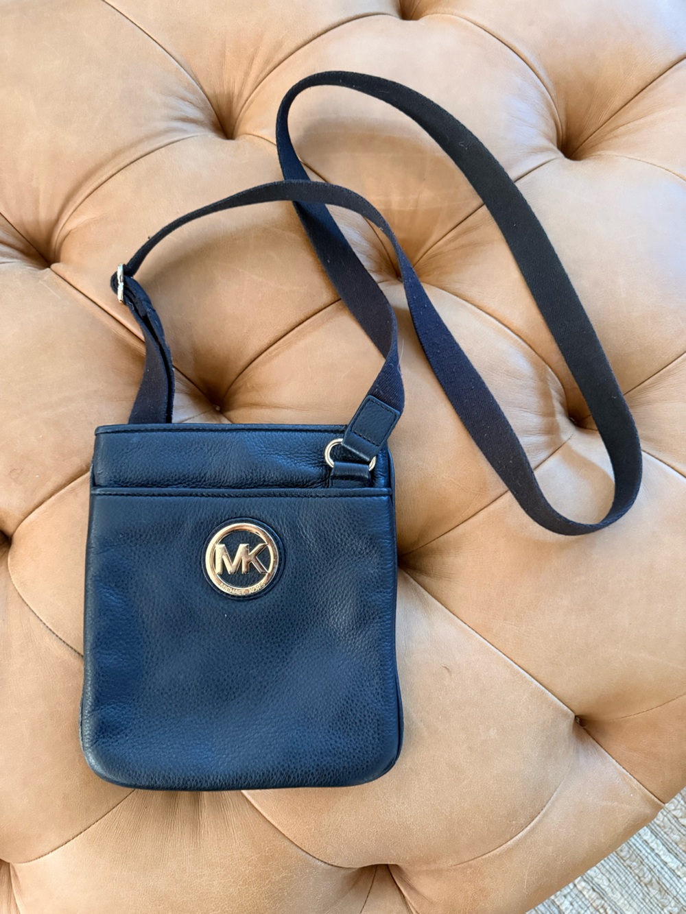Michael Kors Black Leather Crossbody with Gold MK Emblem